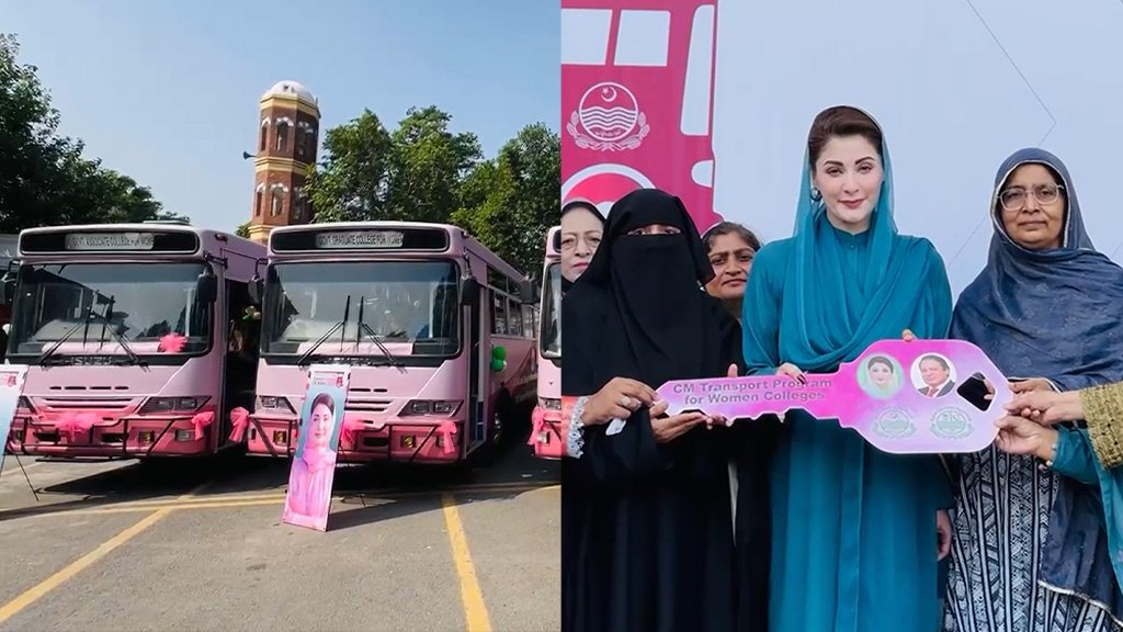 Pink buses for female students with students and officials at the launch